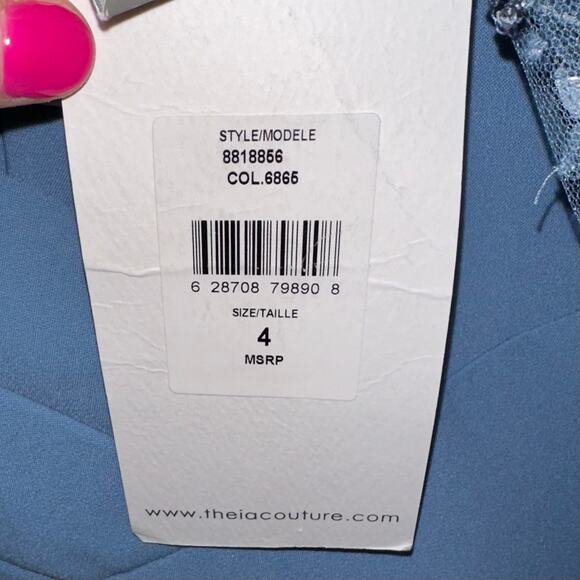 NWT Theia Kiera Beaded Puff Sleeve Gown in Storm Blue Size 4 - Picture 6 of 16